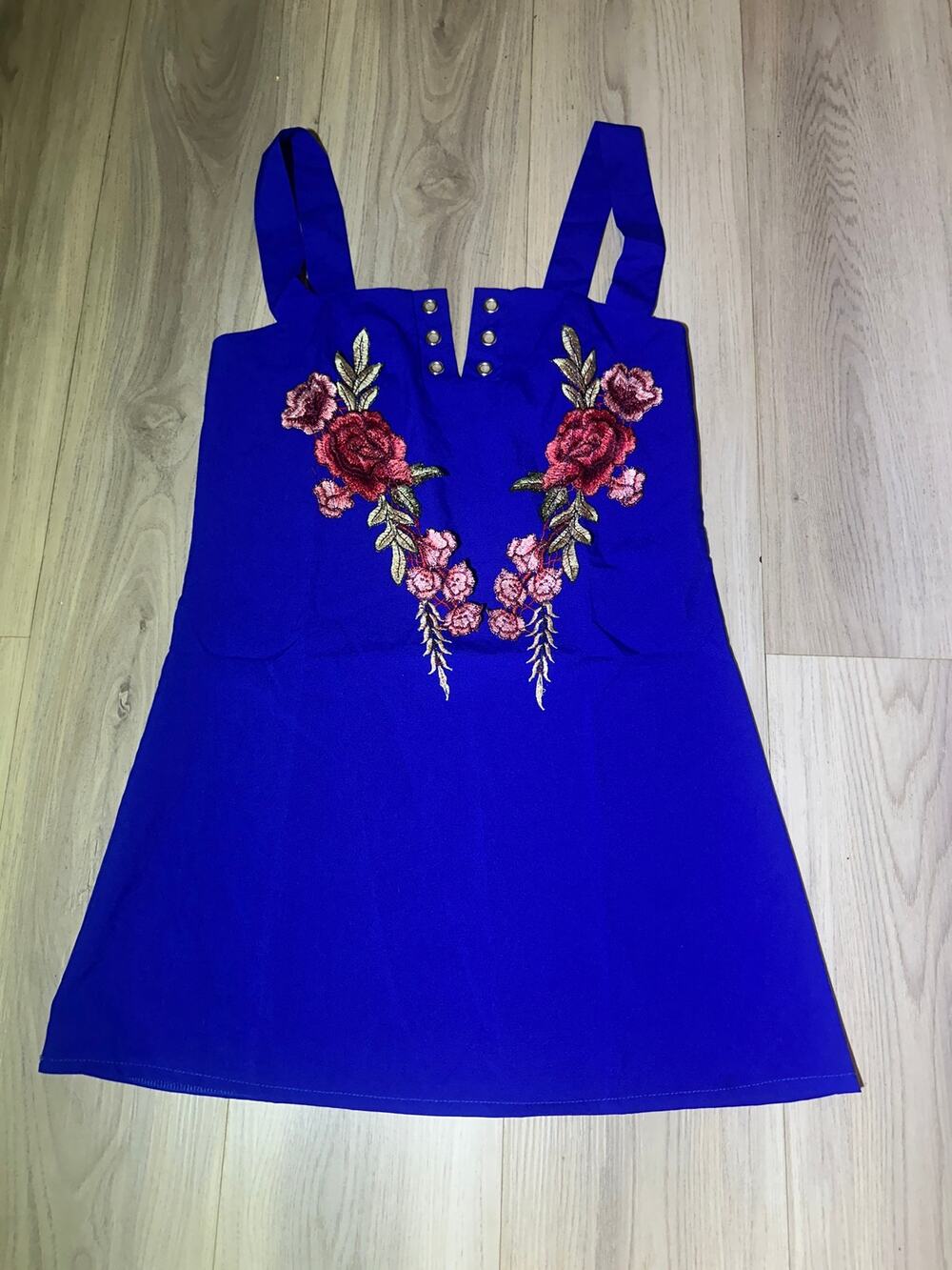 Royal Blue Floral Embroidered Dress Grommet Lace Up Pinafore Mini Dress